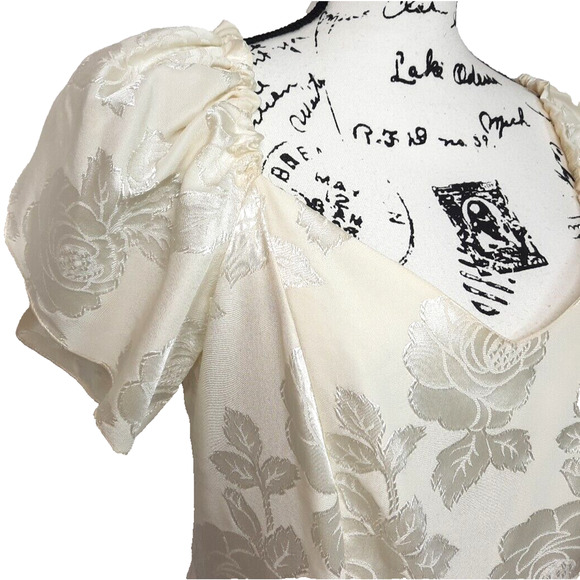 Vintage 80s Satin Chiffon Puff Sleeve Drop Waist Dress Size 16 Formal Wedding - Picture 11 of 16